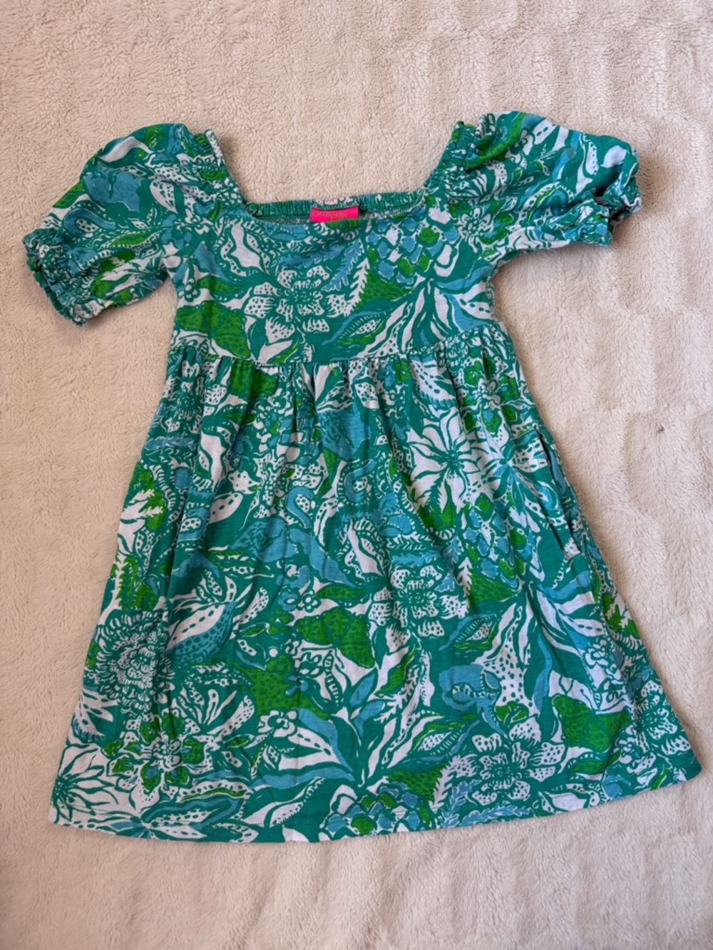 Lily Pulitzer 4-5T (Sm) like-new cotton Green Floral Puff-Sleeve Cotton Dress